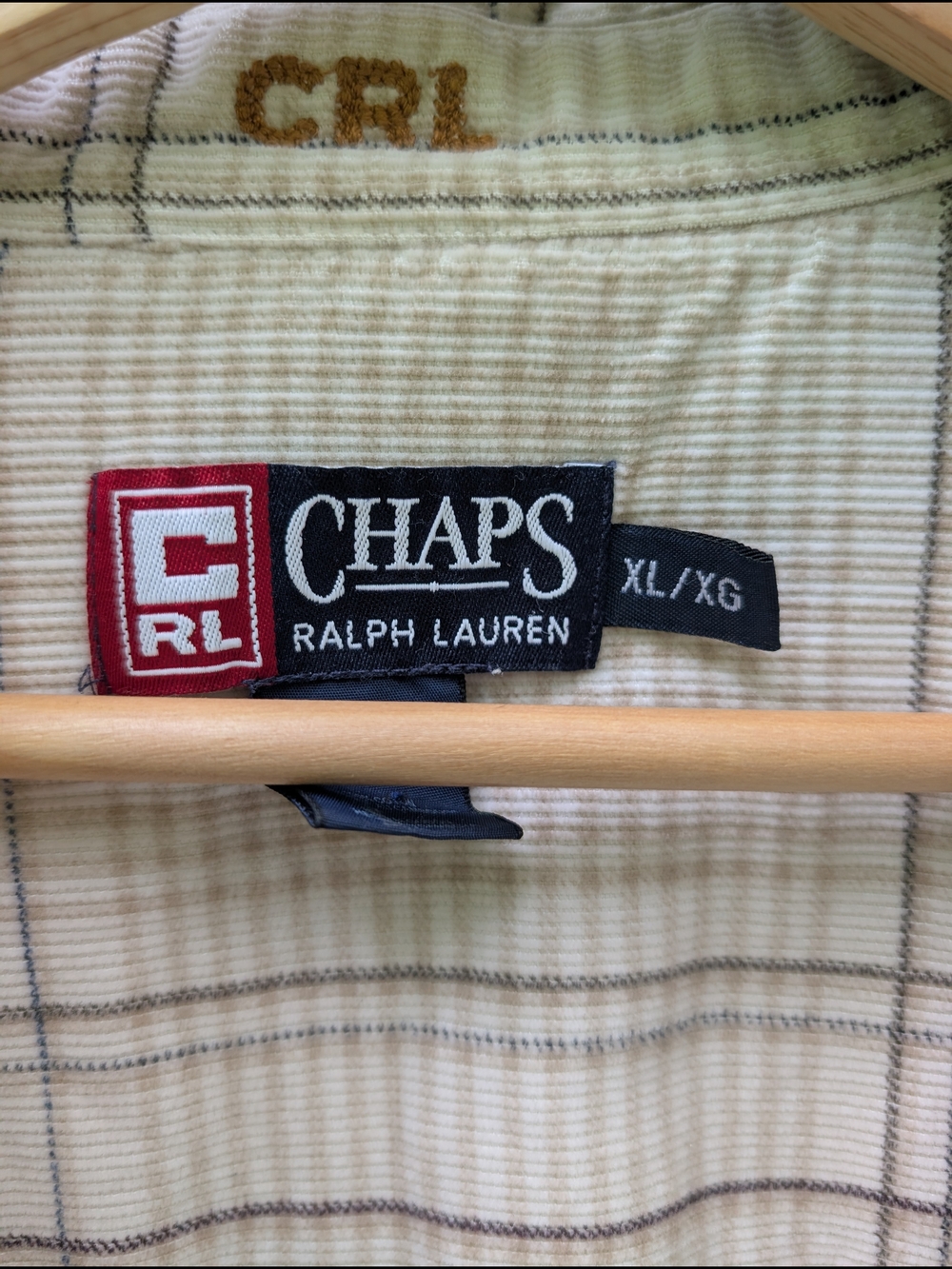 Chaps Men’s Corduroy Cream Plaid Button-Down Shirt with Light Brown Stripes - Picture 3 of 3